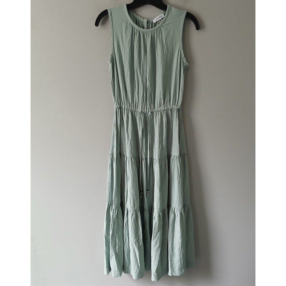 Calvin Klein Women's Size 2 Smocked Tiered Maxi Dress 100% Cotton Green Tasseled